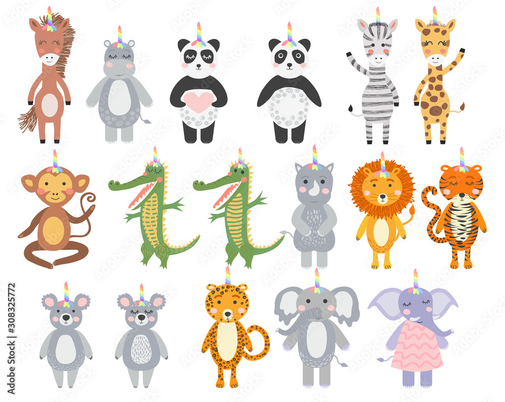 Set of cute funny animals with unicorn horns, Scandinavian style flat design. Concept for children print. Set of cute funny animals with unicorn horns, Scandinavian style flat design. Concept for children print.
