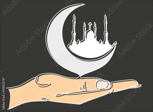 One continuous line drawing of hand holding Mosque and Moon. Continuous one line drawing minimalism design isolated on white background. For Muslim holy month Ramadan Kareem. Ramadan Mubarak.