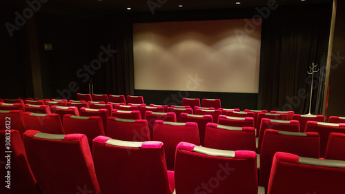 Empty cinema hall, cinema screen and row of red sits
