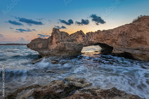 Geological formations on the Nahsholim beach the Haifa area, North of Israel.