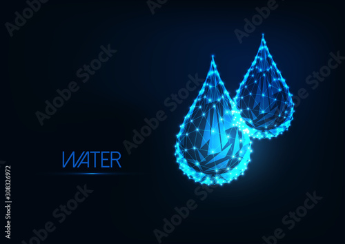 Futuristic glowing low polygonal water drops isolated on dark blue background.