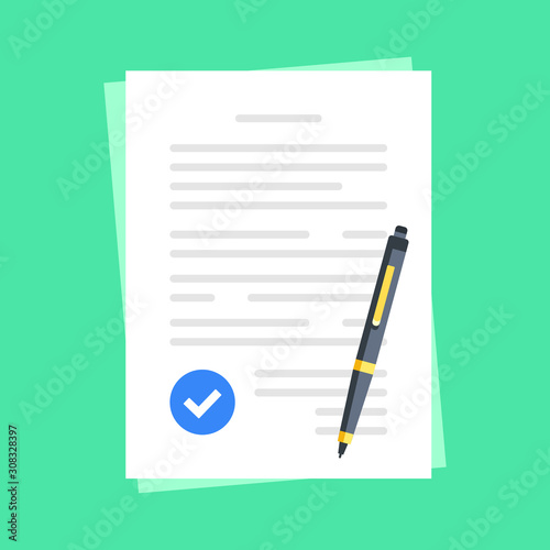 Document with check mark and pen. Agreement, contract, compliance, quality control, report concepts. Paper and checkmark. Flat design. Vector illustration