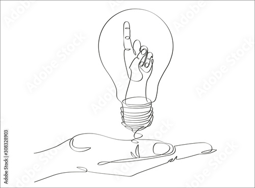 Continuous one line drawing hand pointing a bulb lamp vector illustration minimalism concept of idea and creativity