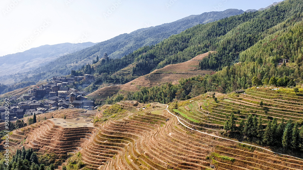 The scenery wavy Longsheng Rice Terraces after harvest - North Guillin, Guangxi Province, China