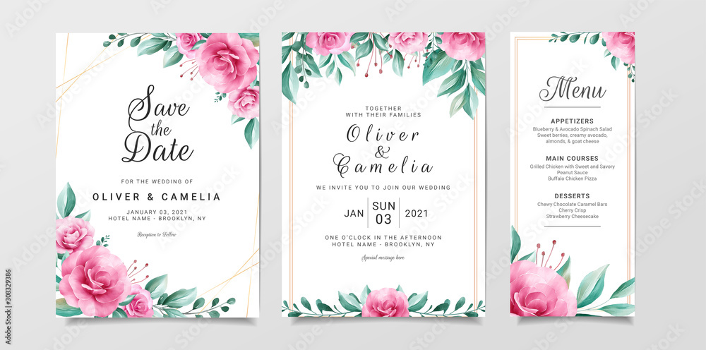 Flowers wedding invitation card template set with watercolor floral border.  Roses illustration for background, save the date, invitation, greeting card,  etc Stock Vector | Adobe Stock