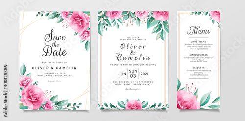 Flowers wedding invitation card template set with watercolor floral border. Roses illustration for background, save the date, invitation, greeting card, etc