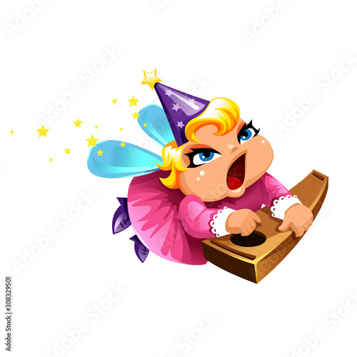 Flying fairy with harp and wings