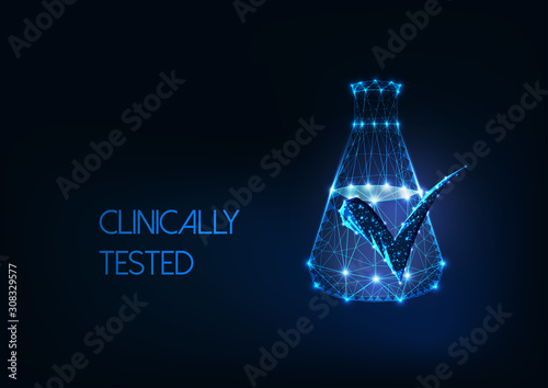 Futuristic clinically tested concept with glow low poly laboratory flask and approved mark