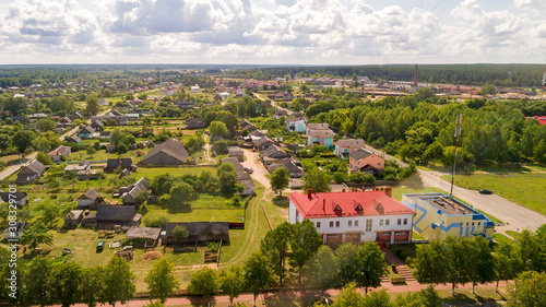 Aerial view agro-town Kamenyuki in Kamenets District of Brest Region, Belarus near State Nature Protection Institution 