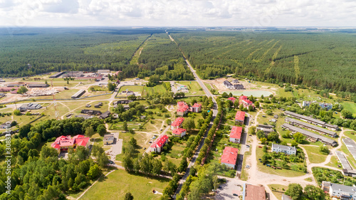 Aerial view agro-town Kamenyuki in Kamenets District of Brest Region, Belarus near State Nature Protection Institution 