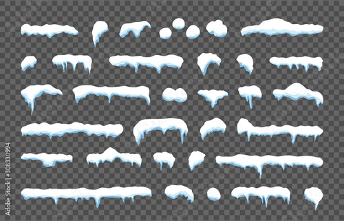 Snow cap set on transparent background. Snowy elements in cartoon style on winter background. Vector illustration