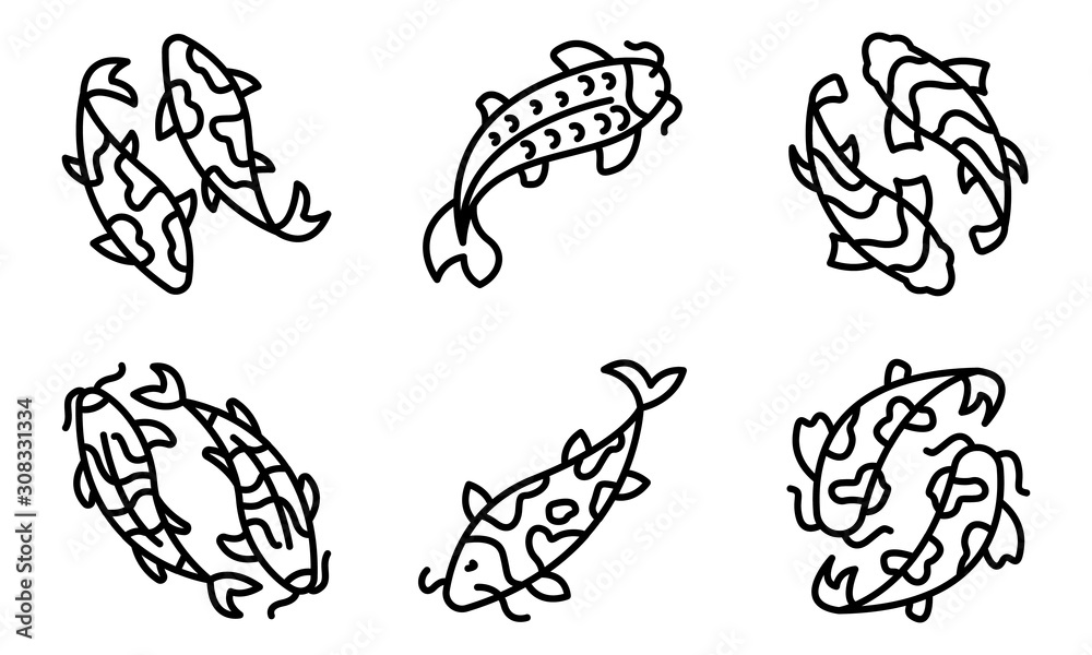 Koi carp icons set. Outline set of koi carp vector icons for web design isolated on white background Koi carp icons set. Outline set of koi carp vector icons for web design isolated on white background
