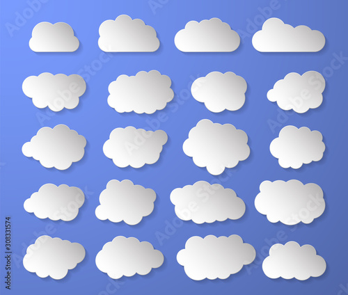 Cloud set with shadow isolated on blue background. Vector illustration