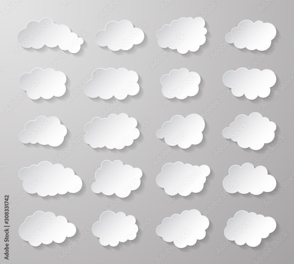 Cloud set with shadow isolated on gray background. Vector illustration