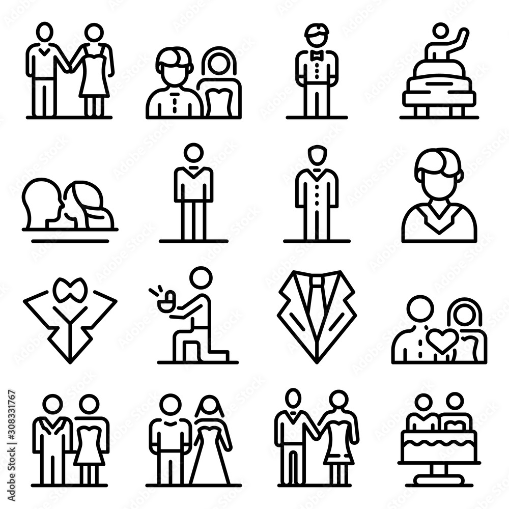 Groom icons set. Outline set of groom vector icons for web design isolated on white background Groom icons set. Outline set of groom vector icons for web design isolated on white background