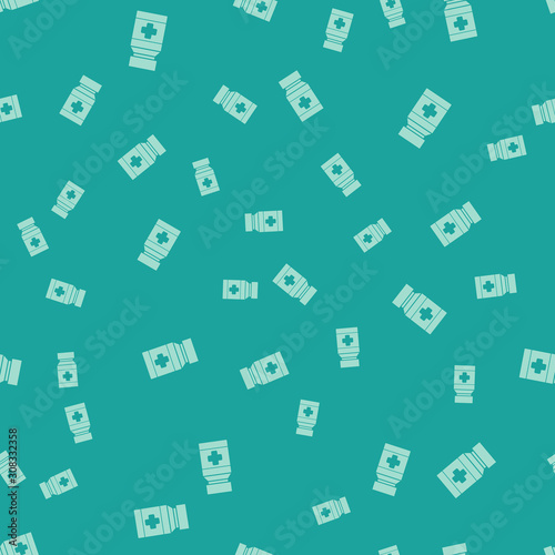 Green Dog medicine bottle and pills icon isolated seamless pattern on green background. Container with pills. Prescription medicine for animal. Vector Illustration