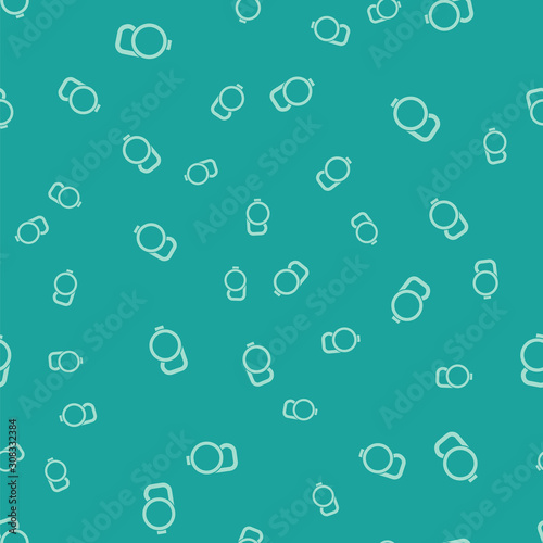 Green Retractable cord leash with carabiner icon isolated seamless pattern on green background. Pet dog lead. Animal accessory for outdoors walk. Vector Illustration
