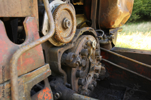 Industry recycle engine. Engine wreck from caught fire kept for recycle. Machine technician separate and classification part of iron or steel car machine wreck for easy worker or labor to recycling