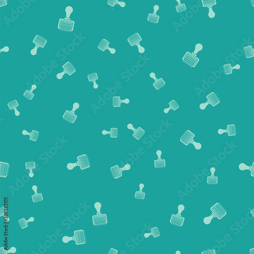 Green Hair brush for dog and cat icon isolated seamless pattern on green background. Brush for animal fur. Pet accessory. Vector Illustration