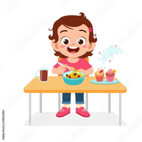 happy cute kid girl eat healthy food