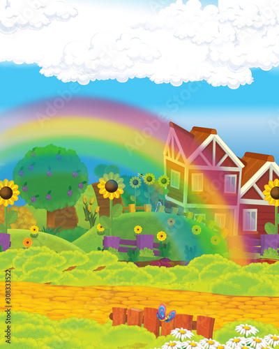Fototapeta Naklejka Na Ścianę i Meble -  cartoon scene with funny looking farm house on the hill - illustration for children