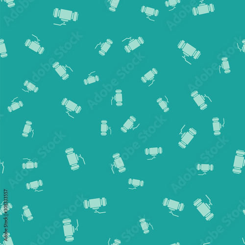 Green Industry metallic pipes and valve icon isolated seamless pattern on green background. Vector Illustration