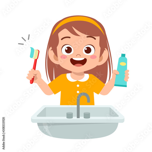 happy cute kid girl brush clean teeth