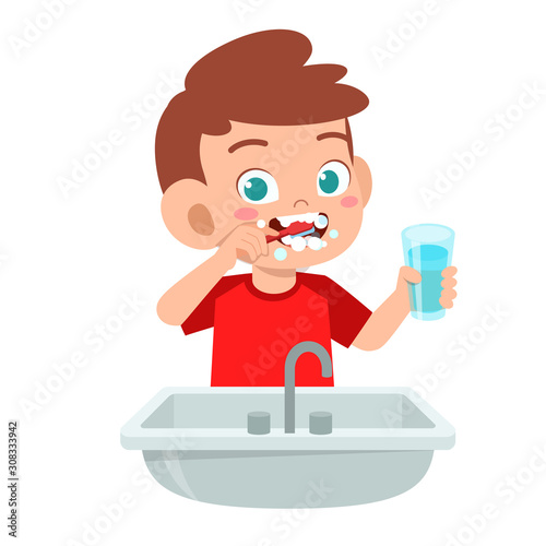 happy cute kid boy brush clean teeth
