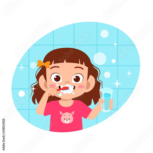 happy cute kid girl brush clean teeth