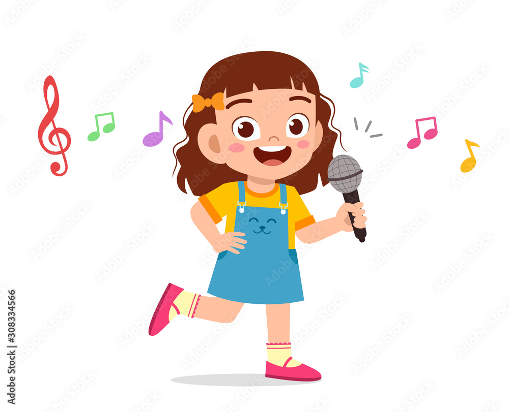 happy cute kid girl sing with smile - obrazy, fototapety, plakaty 