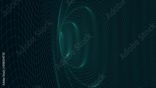 Vortex. Vector perspective curved grid. Wireframe abstract tunnel. 3D vector wormhole with a mesh structure.