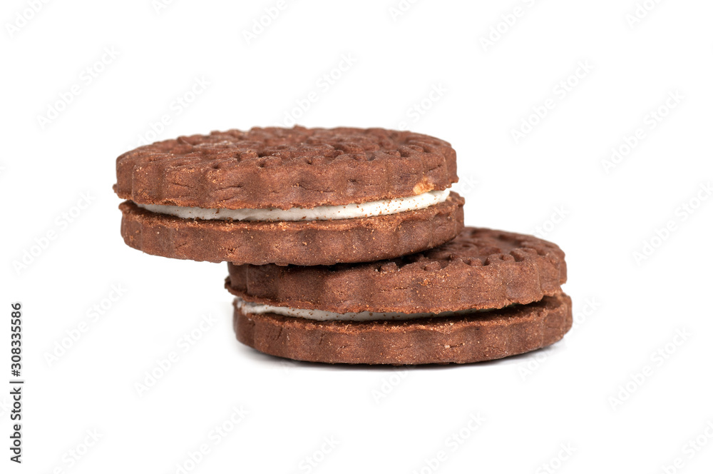 round chocolate chip cookies standing on top of each other isolated on white round chocolate chip cookies standing on top of each other isolated on white