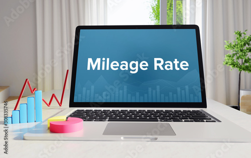 Mileage Rate – Statistics/Business. Laptop in the office with term on the Screen. Finance/Economy.