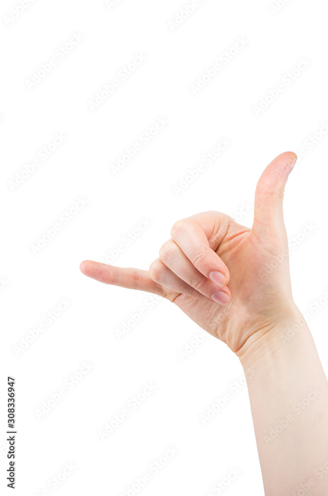 girl’s hand showing call me sign isolated on white background girl’s hand showing call me sign isolated on white background