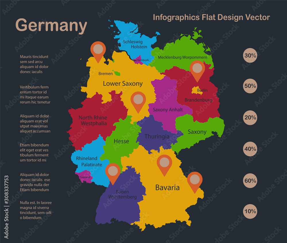 Infographics Germany map, flat design colors, with names of individual states and islands,  blue background with orange points vector
