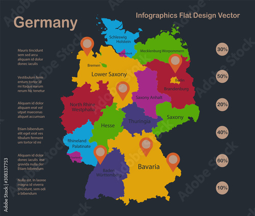 Infographics Germany map  flat design colors  with names of individual states and islands   blue background with orange points vector