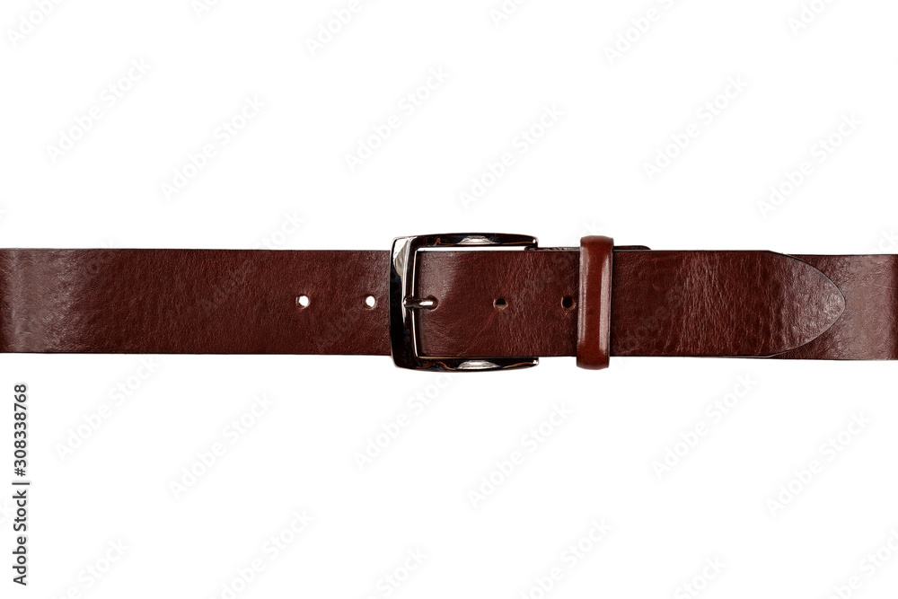leather men's trouser belt fastened in lock isolated on white background leather men's trouser belt fastened in lock isolated on white background