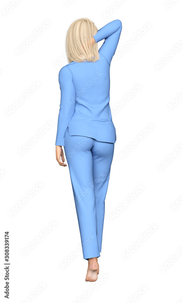 Fototapeta premium Woman in Blue Pajamas, isolated on White, 3D Rendering