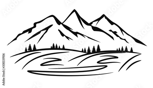 Mountain ridge silhouette with many peaks and trees - stock vector