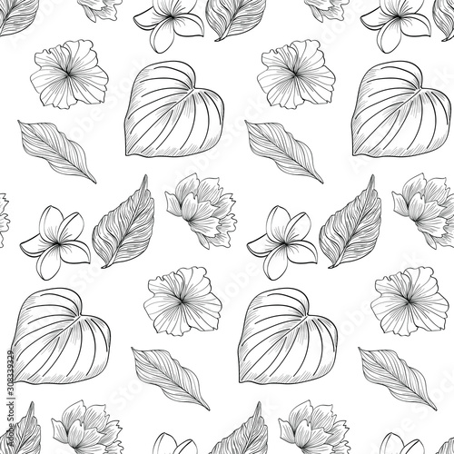 Floral hand drawn leaves and flowers seamless pattern