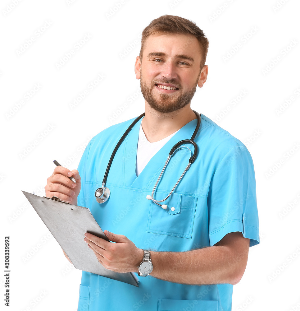 Portrait of male doctor with clipboard on white background Portrait of male doctor with clipboard on white background