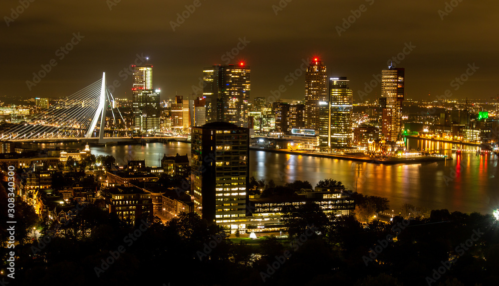Nightly Skyline of Rotterdam as seen from the Euromast, the Netherlands