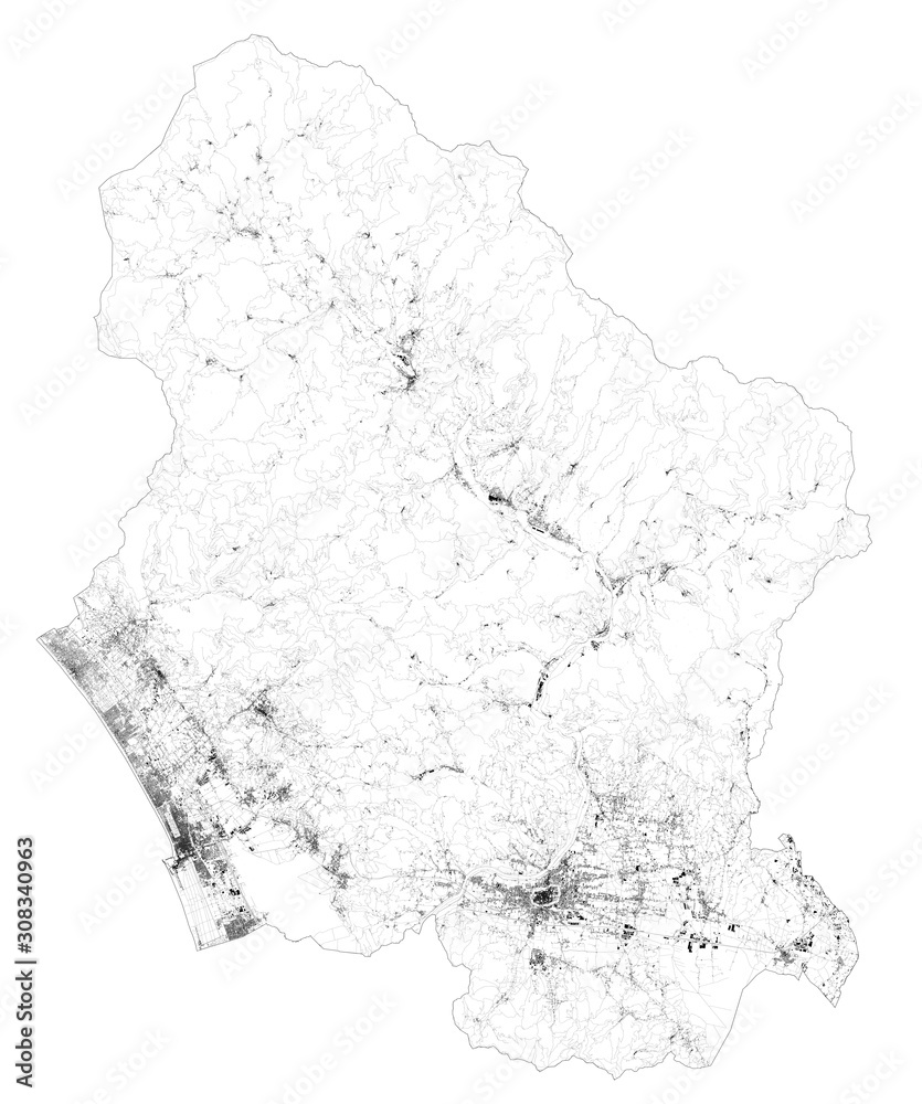 Satellite map of province of Lucca, towns and roads, buildings and connecting roads of surrounding areas. Tuscany, Italy. Map roads, ring roads