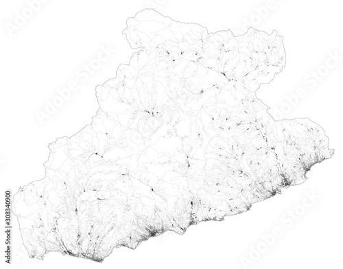 Satellite map of province of Imperia, towns and roads, buildings and connecting roads of surrounding areas. Liguria, Italy. Map roads, ring roads
