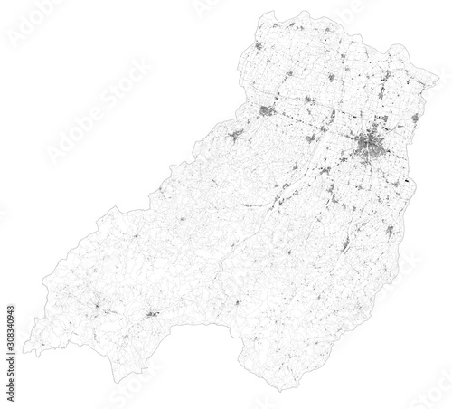 Satellite map of Province of Parma, towns and roads, buildings and connecting roads of surrounding areas. Emilia-Romagna region, Italy. Map roads, ring roads