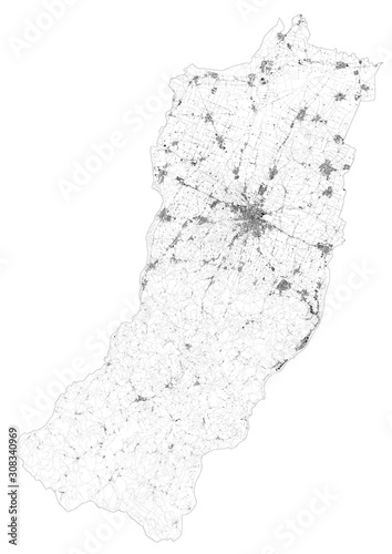Satellite map of Province of Reggio Emilia, towns and roads, buildings and connecting roads of surrounding areas. Emilia-Romagna region, Italy. Map roads, ring roads