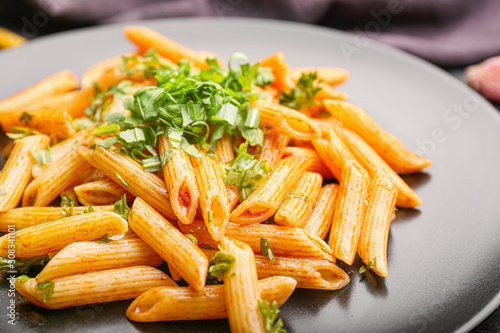 Tasty pasta on plate, closeup