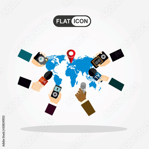 Journalism concept vector illustration in flat style.Vector live report concept, live news, hands of journalists with microphones, camera and tape recorders