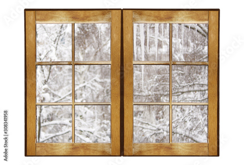 Wooden frame with a winter landscape outside the window. Isolated on white background