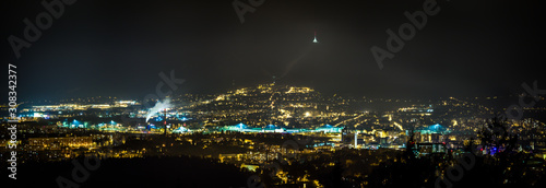 Night view on the city Liberec. City of lights. The hill Jested over the glowing town.